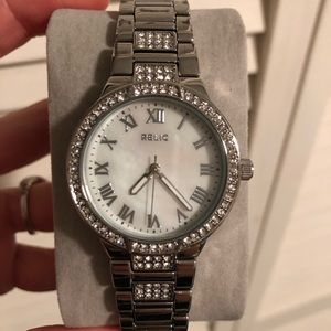 Relic sliver link watch with opal face